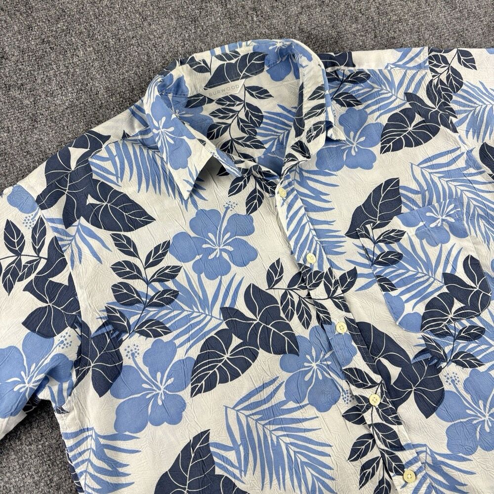 Burwood Hawaiian Shirt Mens XL Blue White Floral Hibiscus Short Sleeve